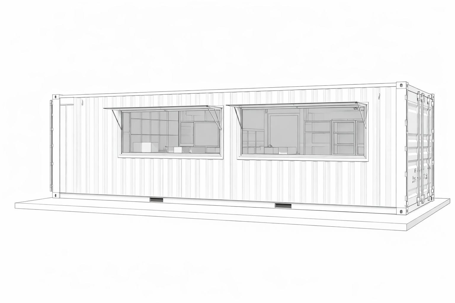 Line drawing of a converted shipping container with two large windowed sections.