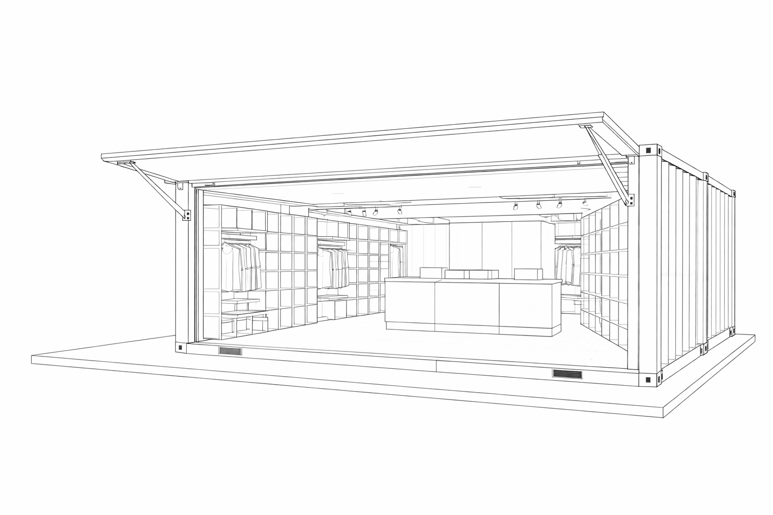 Line drawing of a modular retail store inside a shipping container with clothing displays and shelves.