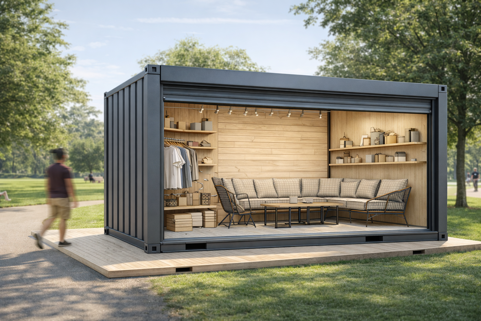 Interior of a modern container home with wooden walls, a beige sectional sofa, shelving with storage boxes, a clothing rack, and outdoor park setting.