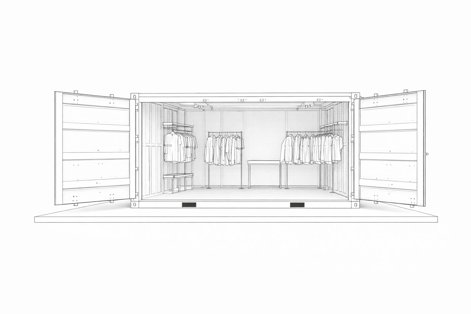 Line drawing of an open shipping container with clothing racks inside, displaying shirts and jackets.