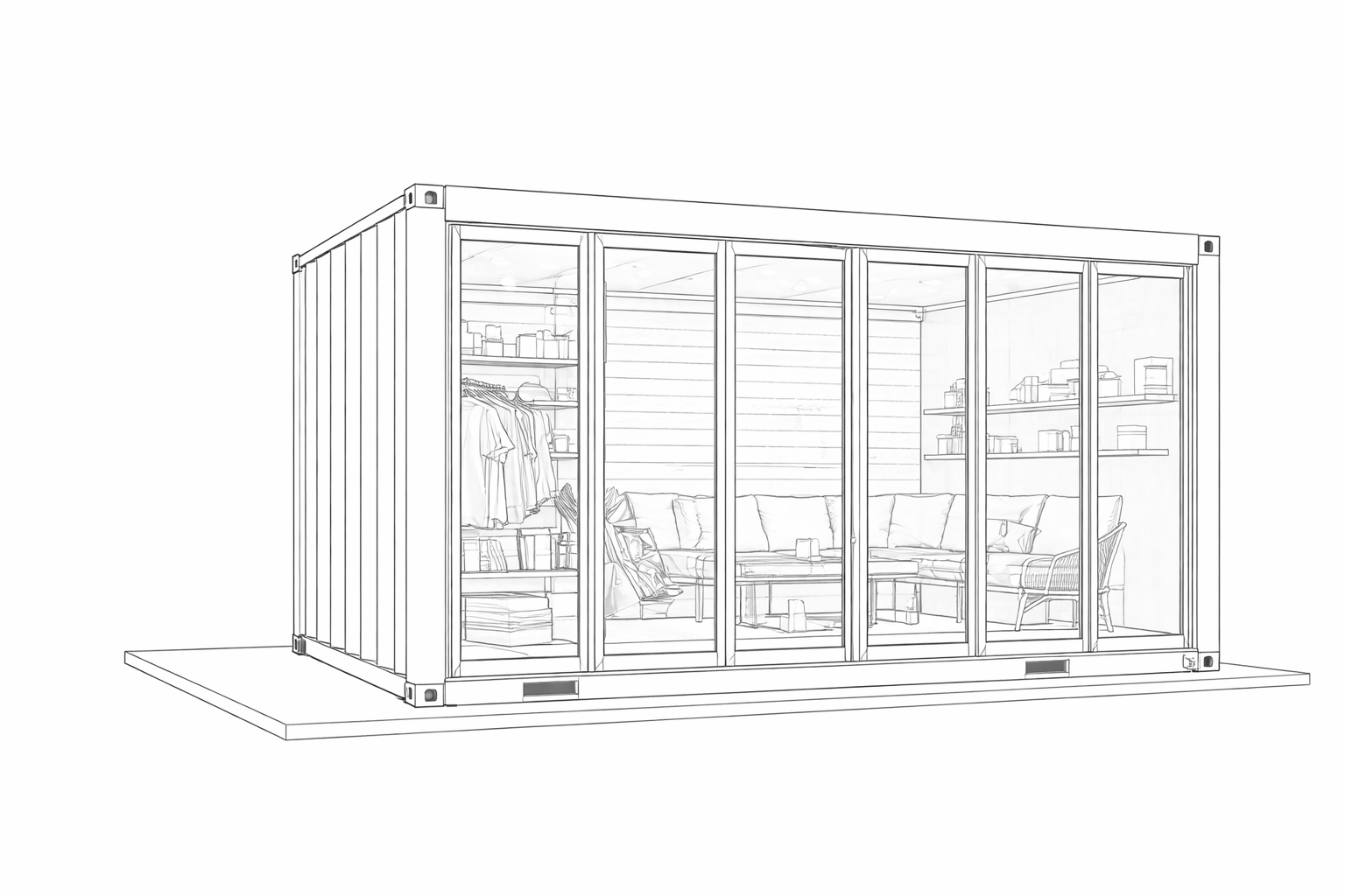 Line drawing of a backyard tiny house with sliding glass doors revealing a furnished living room and closet inside.