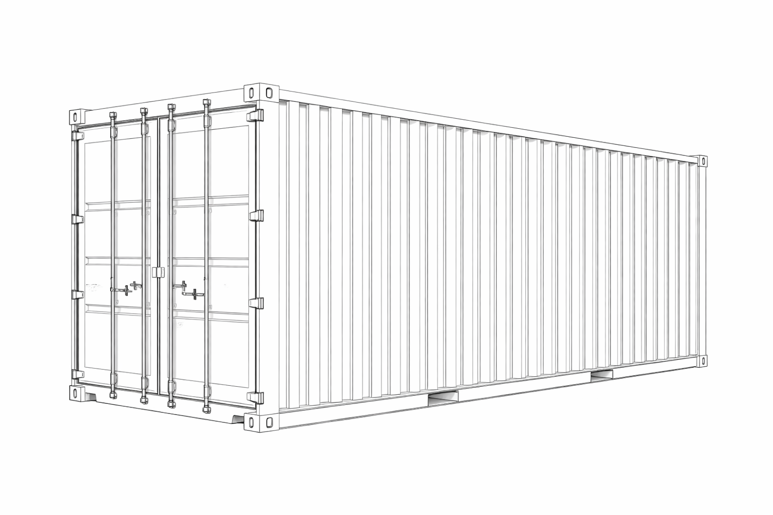 Line drawing of a large shipping container with closed doors