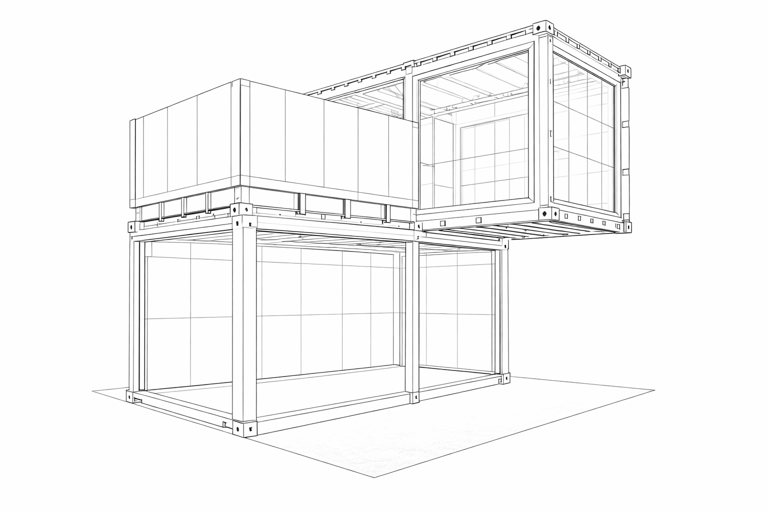 A digital technical drawing of a two-story modern container house with a minimalist design, featuring large glass windows, framed by a metal support structure, with the upper level extending slightly over the lower level.