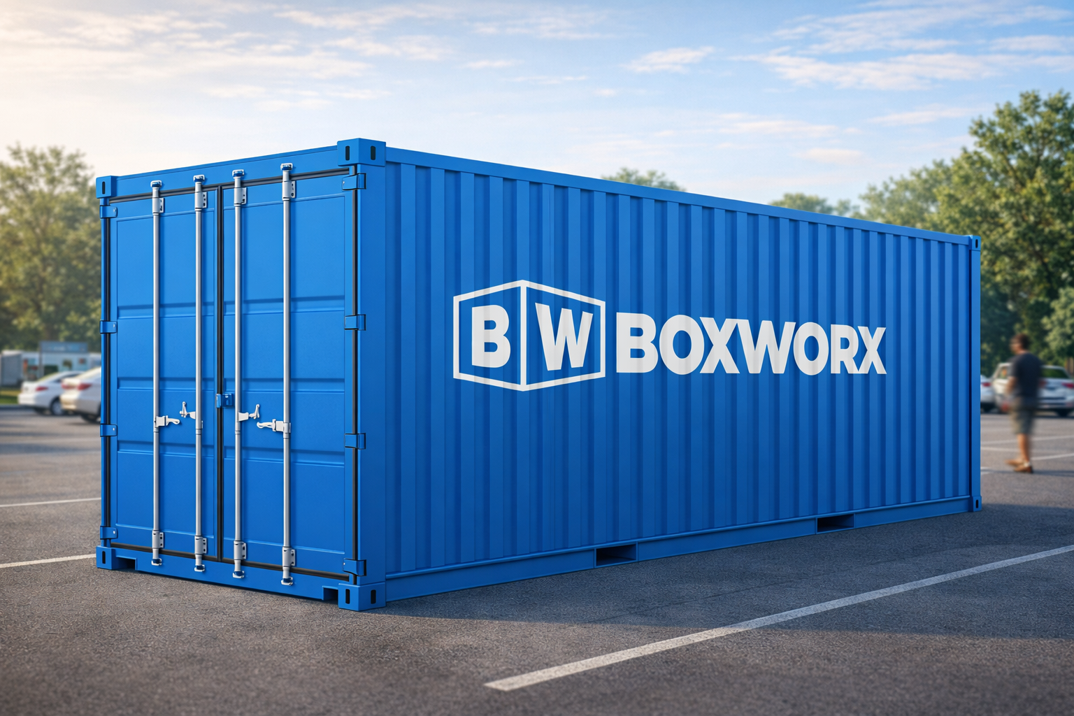 Blue shipping container in a parking lot with the 'BOXWORX' logo on the side.