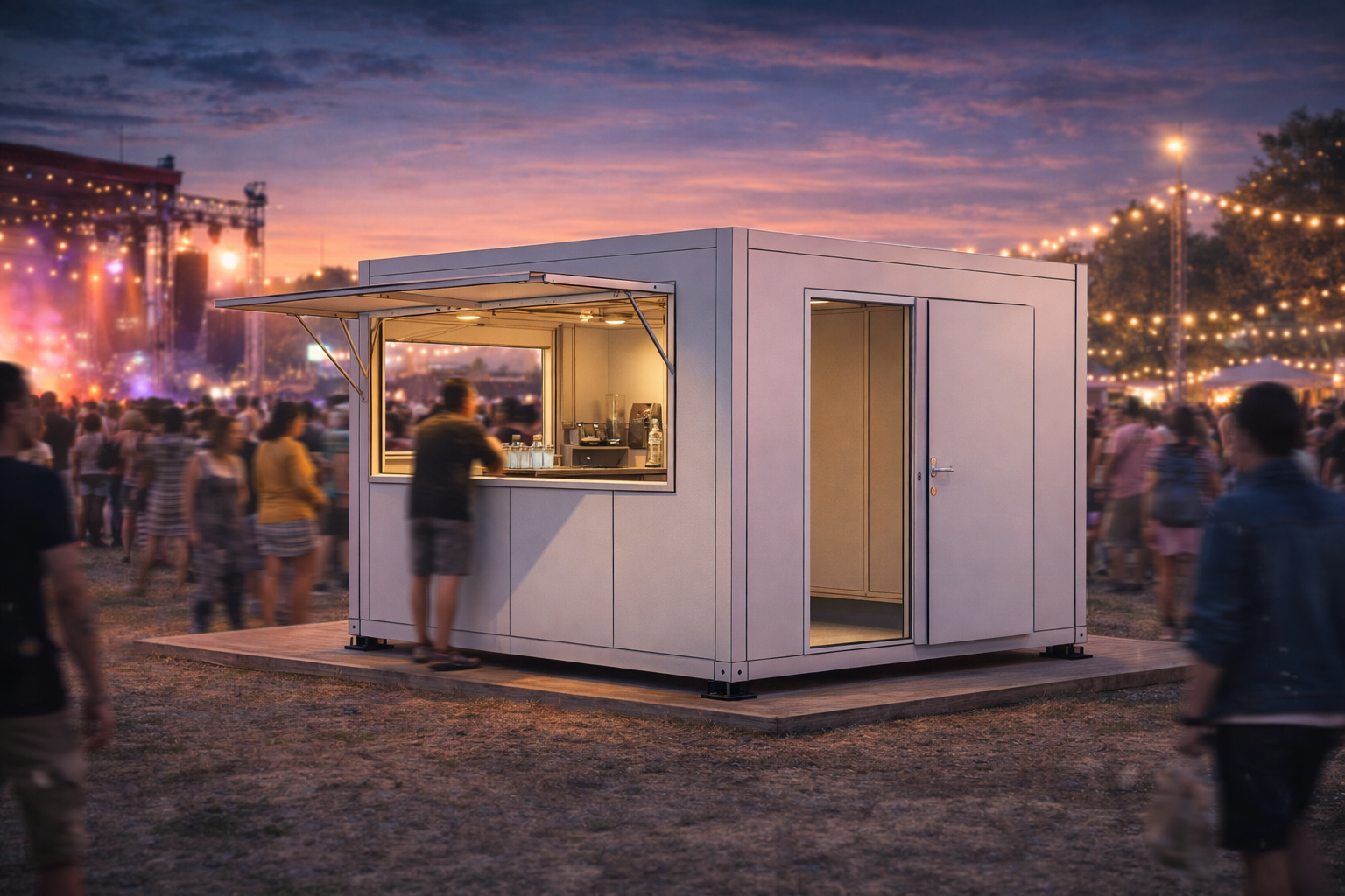 A small white mobile coffee stand at an outdoor festival during sunset, with people in the background, string lights overhead, and a stage with colorful lights on the left.
