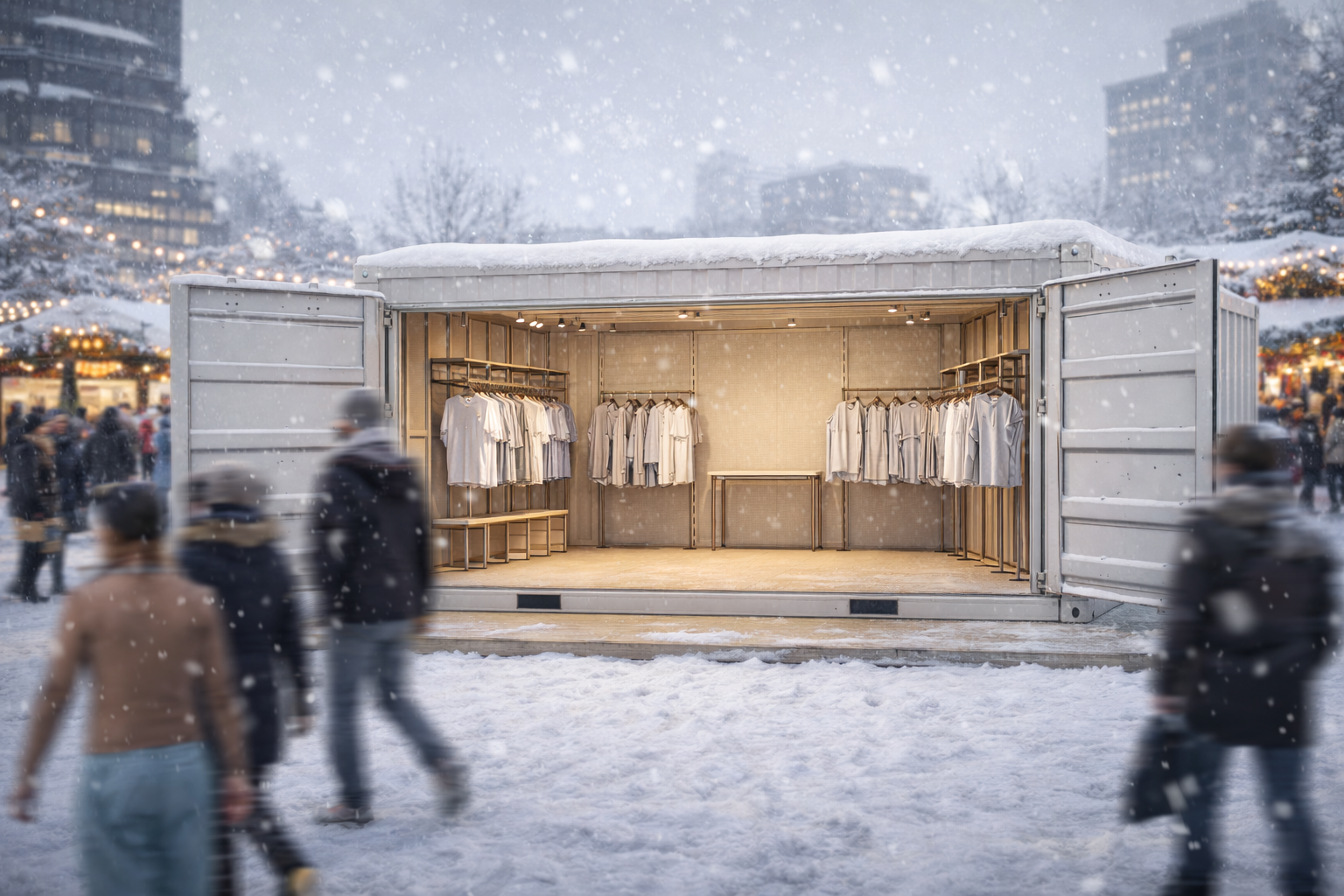 Empty clothing stall with white shirts hanging inside, set up outdoors in a snowy environment with blurred people walking by.