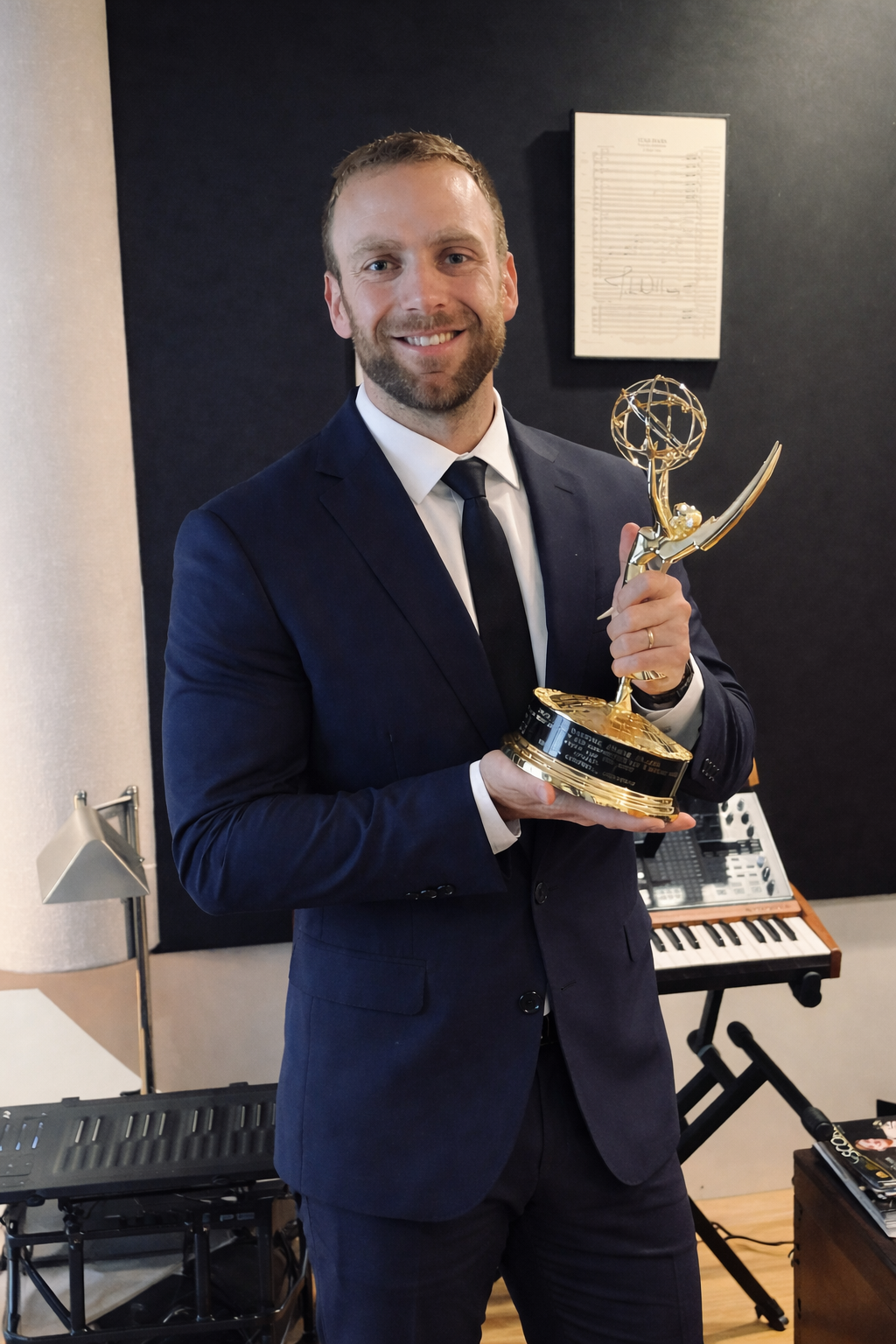 Man in navy suit holding an Emmy award.
