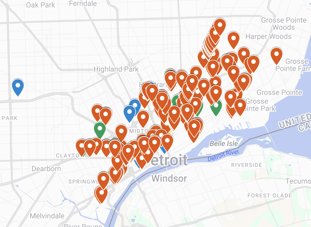 A map of Detroit with numerous orange, blue, and green location markers indicating various points of interest or establishments across the city and surrounding neighborhoods.