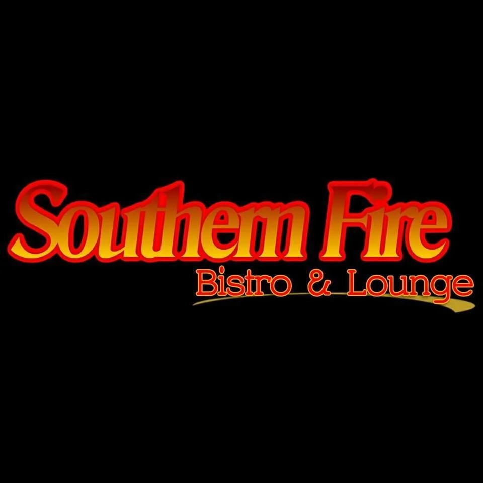 Sign for Southern Fire Bistro & Lounge with red and yellow text on a black background.