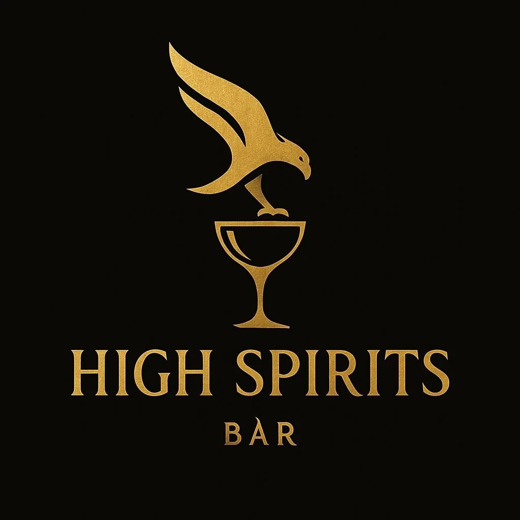 A gold logo of a stylized eagle perched on a wine glass, with the text "High Spirits Bar" in gold against a black background.
