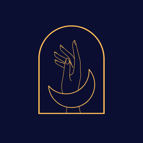 Minimalist line art of a hand with a crescent moon and arch shape, inside an arched frame on a dark background.