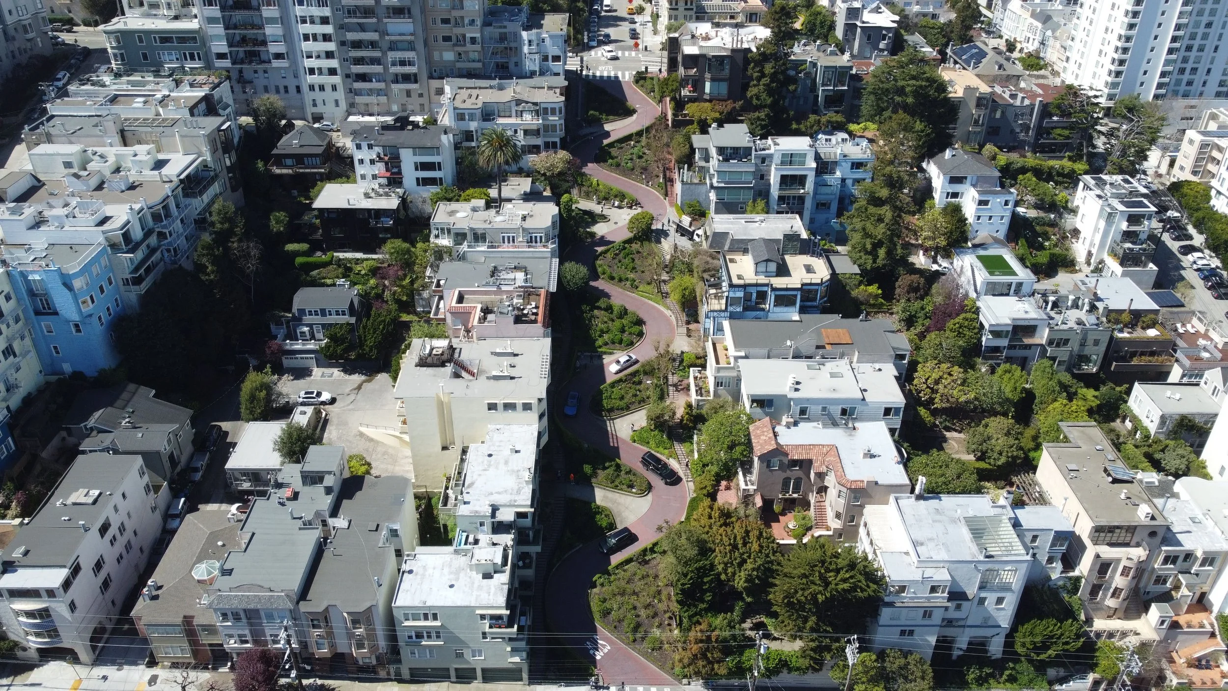  aerial view of a residential neighborhood with modern multi-story houses, winding pathways, and lush greenery in San Francisco