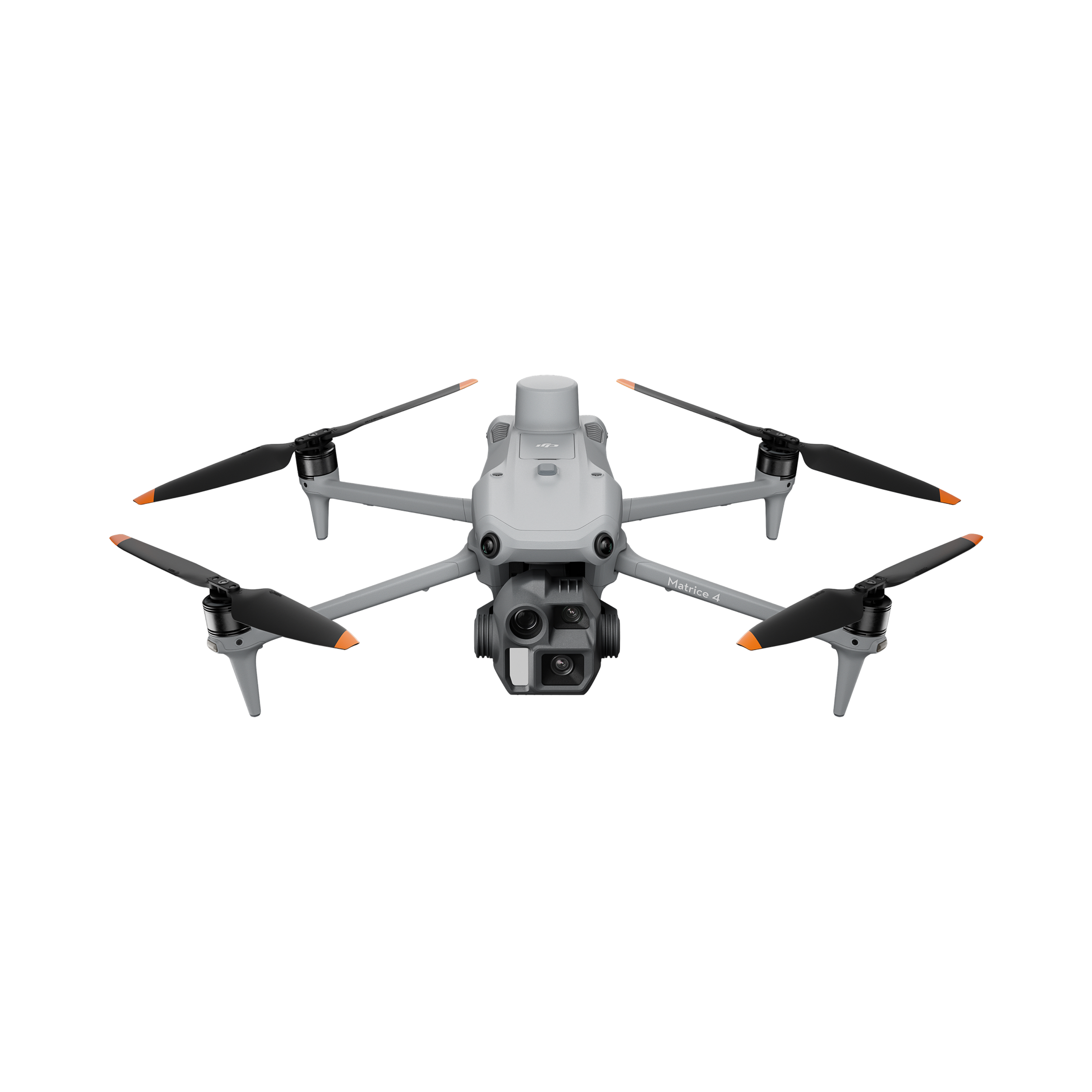 A gray quadcopter drone with four black propellers and a built-in camera.