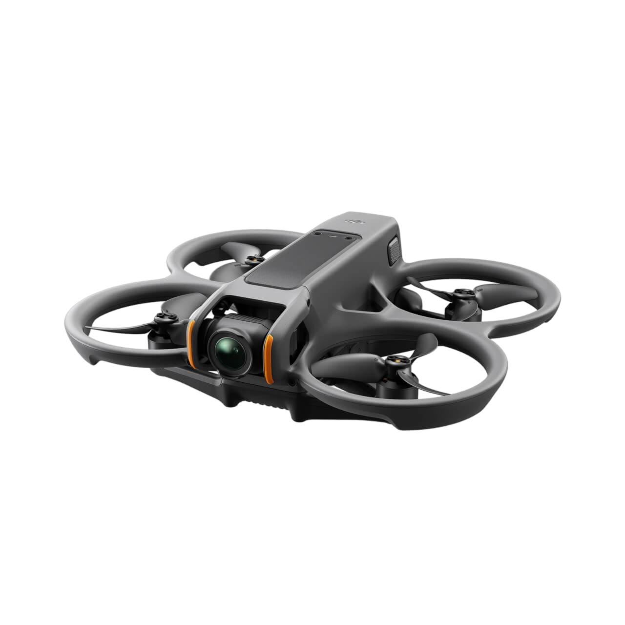 A black quadcopter drone with a camera mounted on the front.