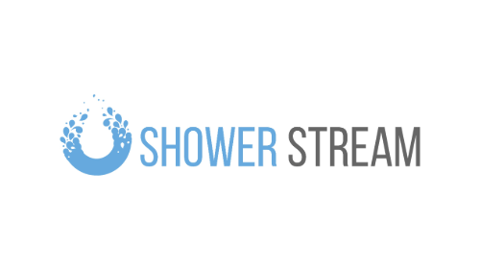 ShowerStream logo with a stylized water droplet made of small blue circles and the company name in blue and gray text.