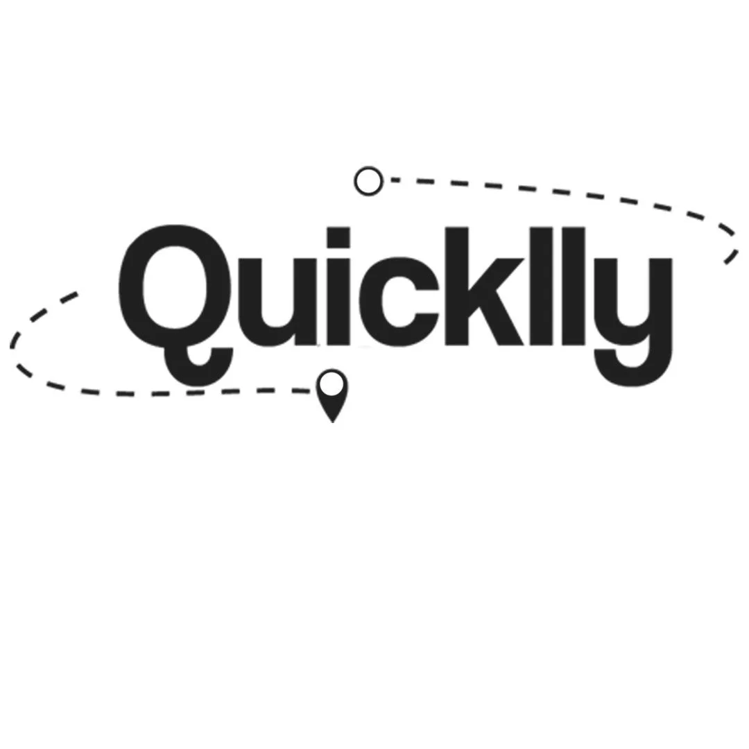 The word 'Quickly' in bold black letters with dotted lines and location icons around it.