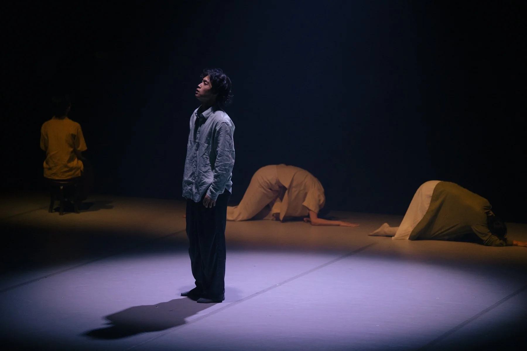 A stage with four performers, one standing in the center illuminated by a spotlight, and three kneeling or bending in the dark background, dressed in casual clothes. From Flowers of Ruin.