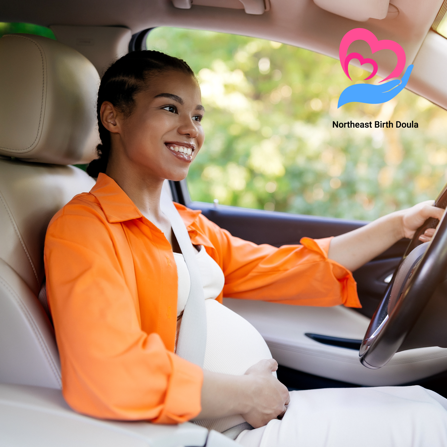Pregnant lady image while she is driving her car in peace because she got a Northeast Birth Doula service