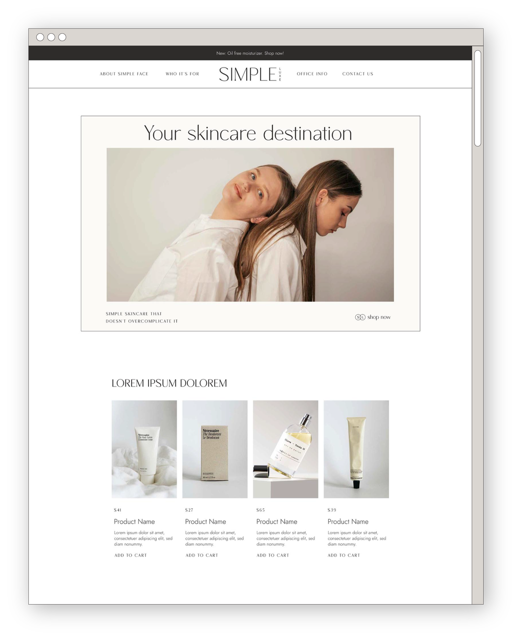 homepage mockup on desktop of minimalist skincare website