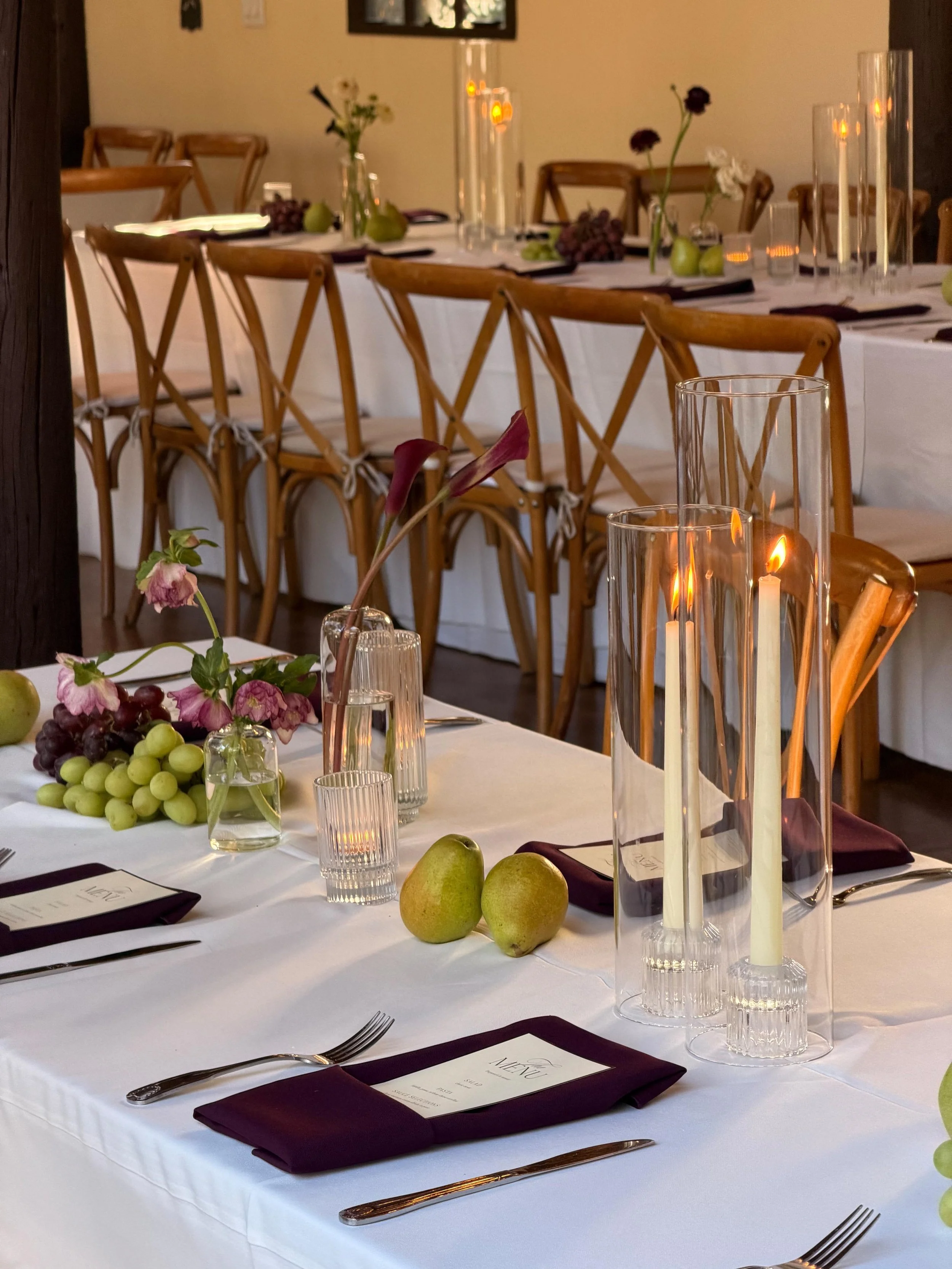 wedding tablescape with candles and fruit