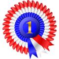 Number one blue ribbon award with white, red, and blue rosette