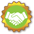 Handshake icon within a gold badge
