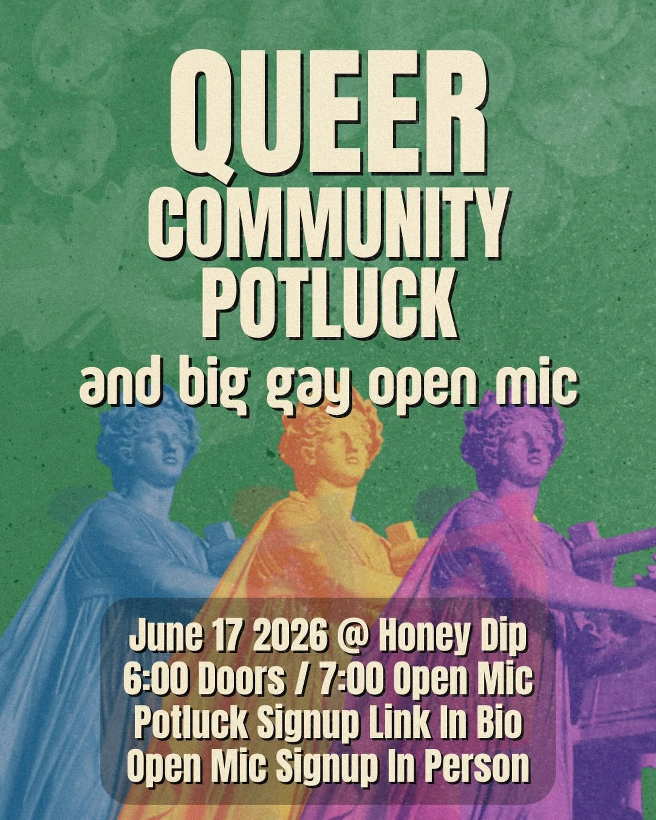 Spring has sprung fellow queers 🌸 Y&rsquo;all liked the @honeydipbar holiday potluck so much, we just had to bring it back! and this time it&rsquo;s pride month so we shall eat, drink, and be gay 🏳️&zwj;🌈 see you all on june 17th 🍲
 
sign up to b