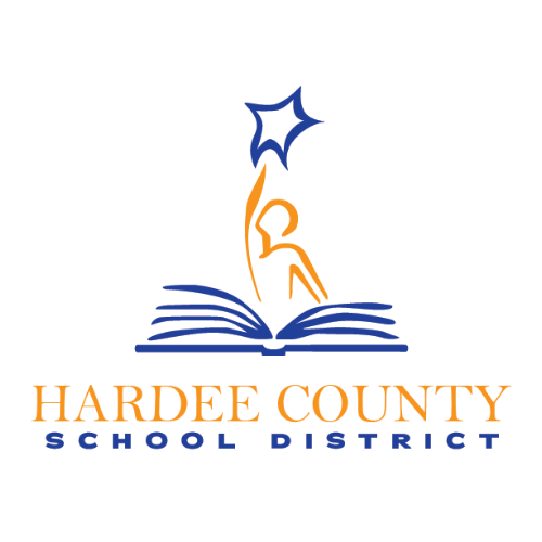 Hardee County School District Logo with an open book with a human figure reaching for a star
