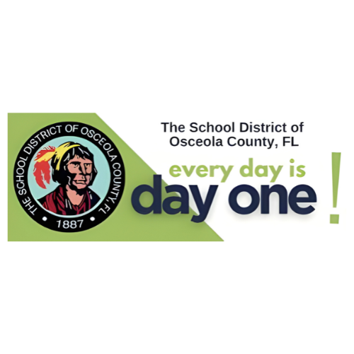 Osceola County School District logo with a florida native american on a seal beside the words The School District of Osceola County, Florida. Every day is day one!