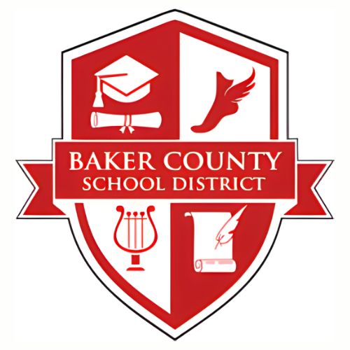 Baker County School District Logo with a shield with 4 icons. A Graduation cap and a rolled diploma. Herme's Winged Foot. A stringed instrument. Scroll with a feather quill.