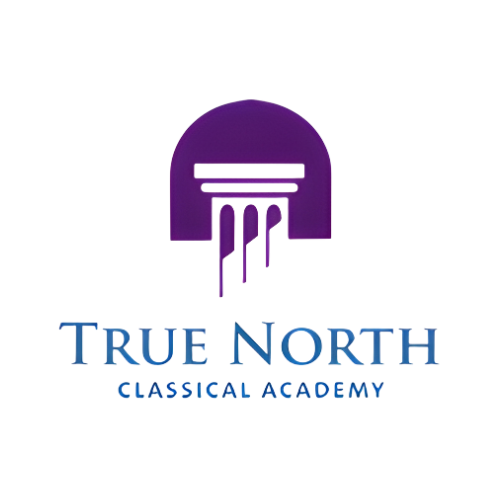 True North Classical Academy with a classical column in front of a purple half oval.