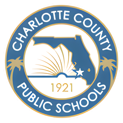 Charlotte County Public Schools 1921 Logo with the state of Florida and an open book.
