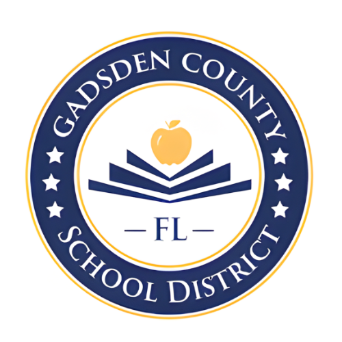 Gadsden County School District FL with an open book and an apple surrounded by a circle