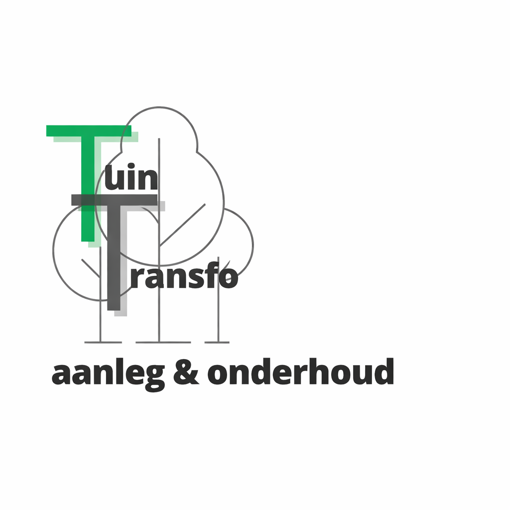 Logo met woorden in zwart en groen, over een technische schets, met de tekst 'Tuin Transfo' en 'aanleg & onderhoud'.