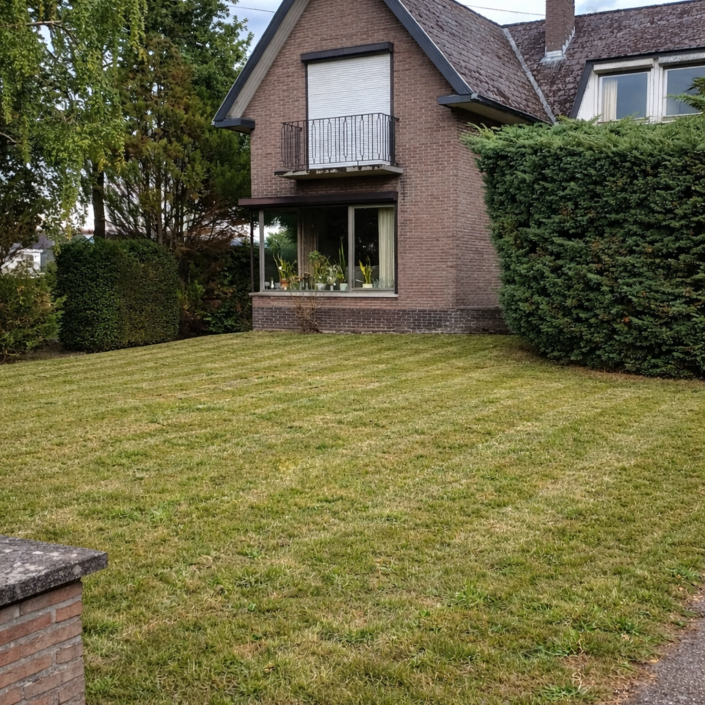Een tuin met strak gemaaid gras, omgeven door groene hagen en bomen, met een stenen huis op de achtergrond.