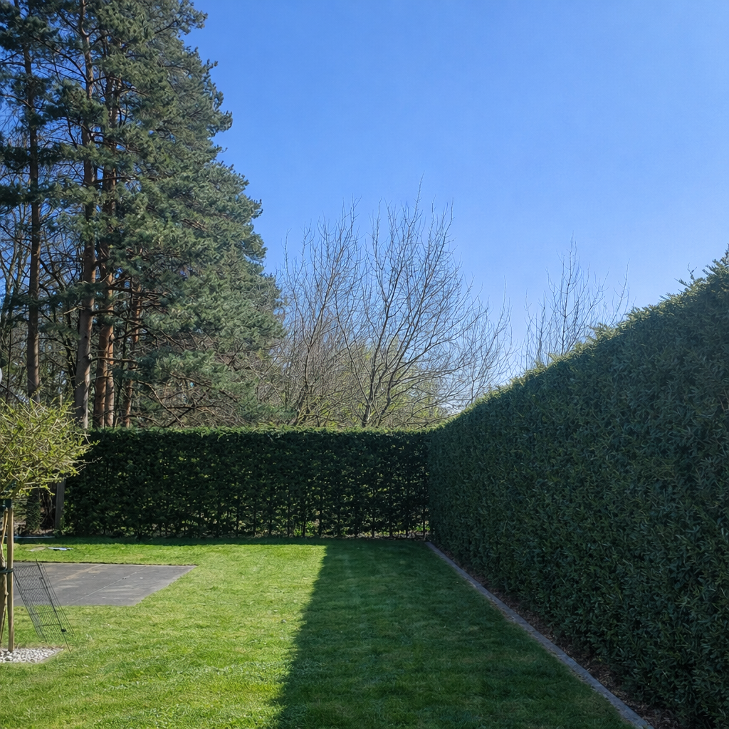 Een tuin met een groene grasvelden, hoge heggen en bomen onder een blauwe hemel.