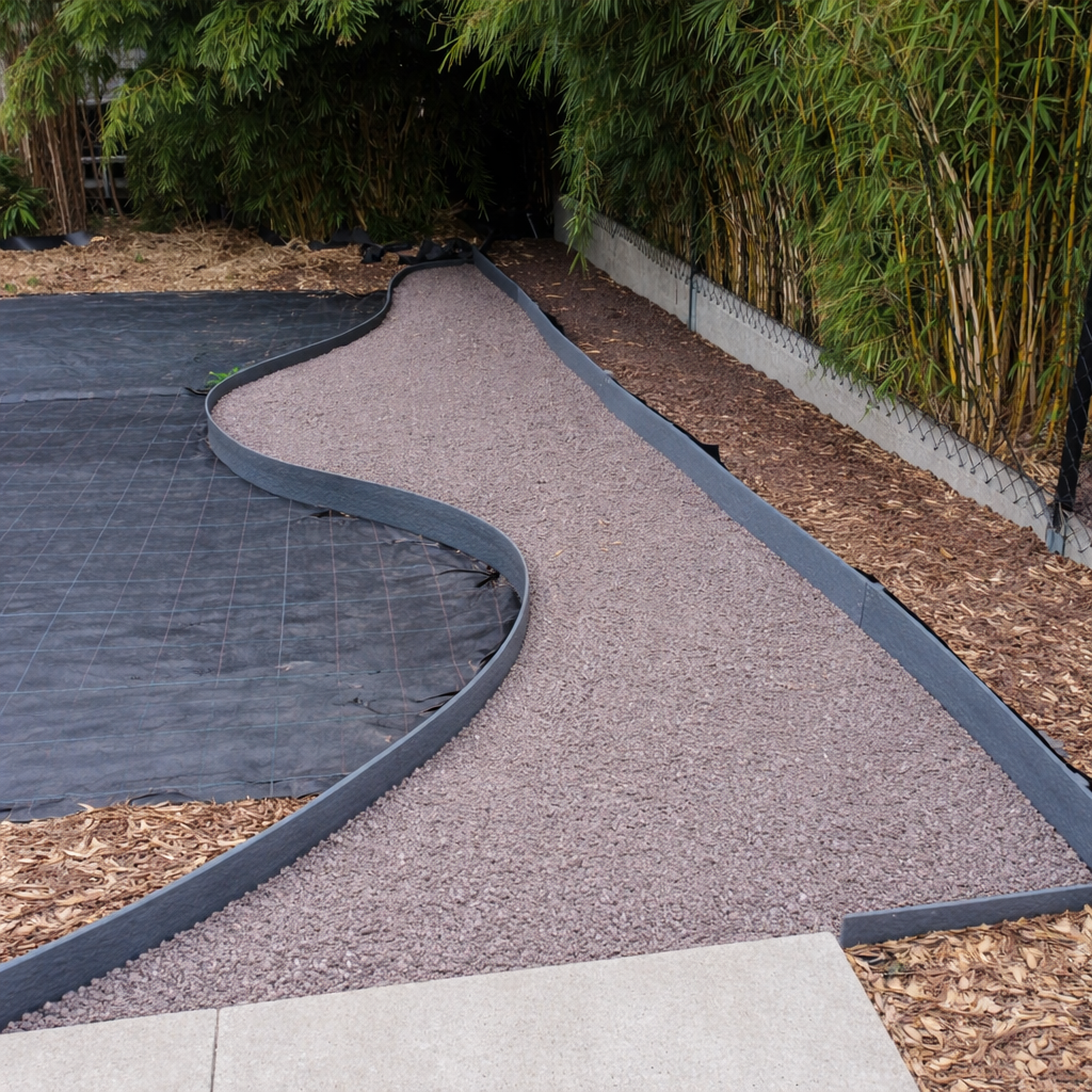 Krijtpad in een tuin met rondom groen en struiken.