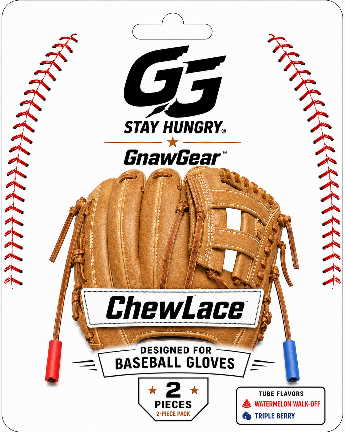 GnawGear ChewLace two-pack packaging with red and blue silicone chew tubes for baseball glove laces.