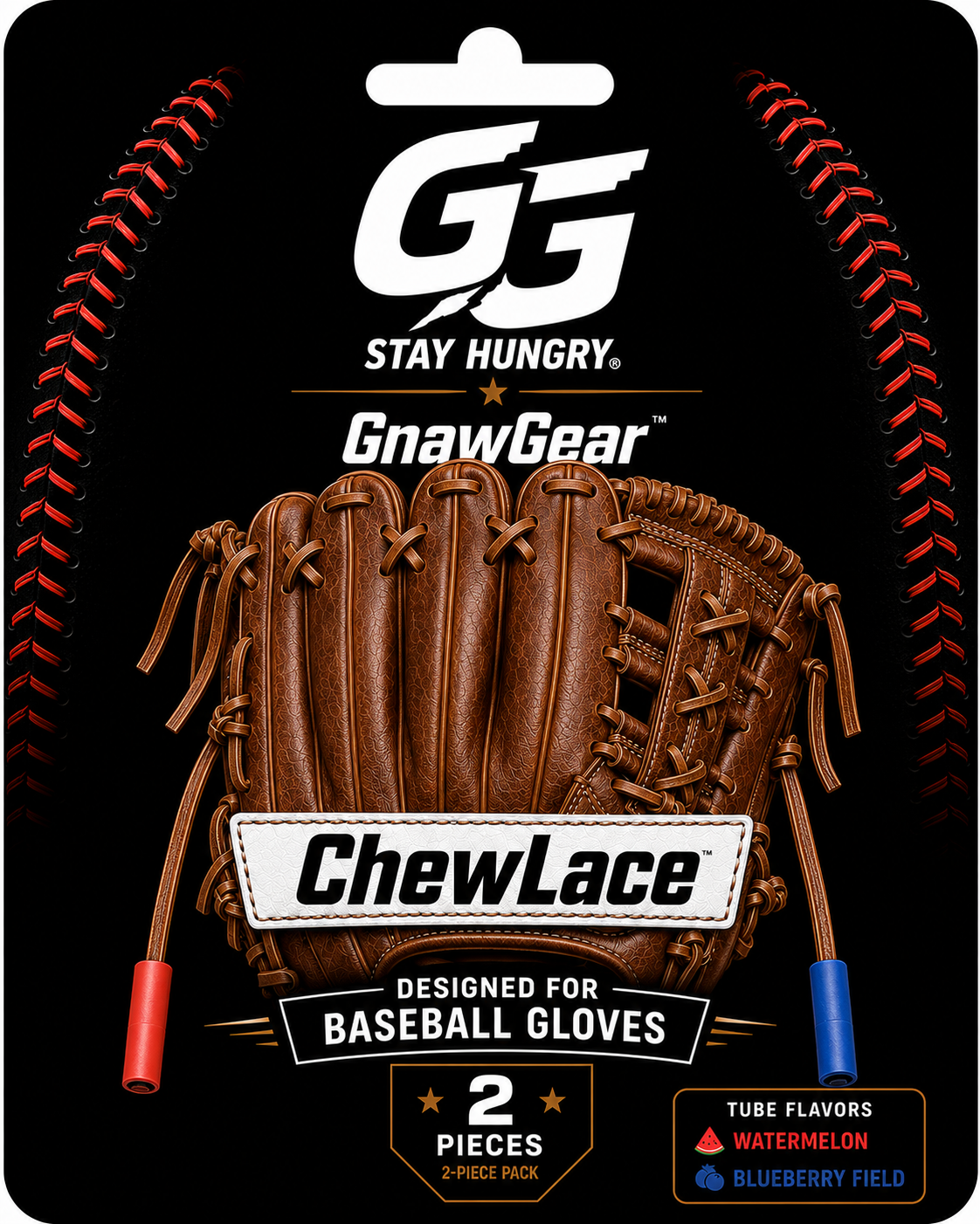 GnawGear ChewLace two-pack packaging featuring Watermelon Pickoff and Blueberry Field flavors.