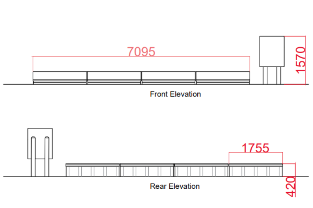 Technical drawing of a bench with front and rear elevation views, including dimensions labeled in millimeters.