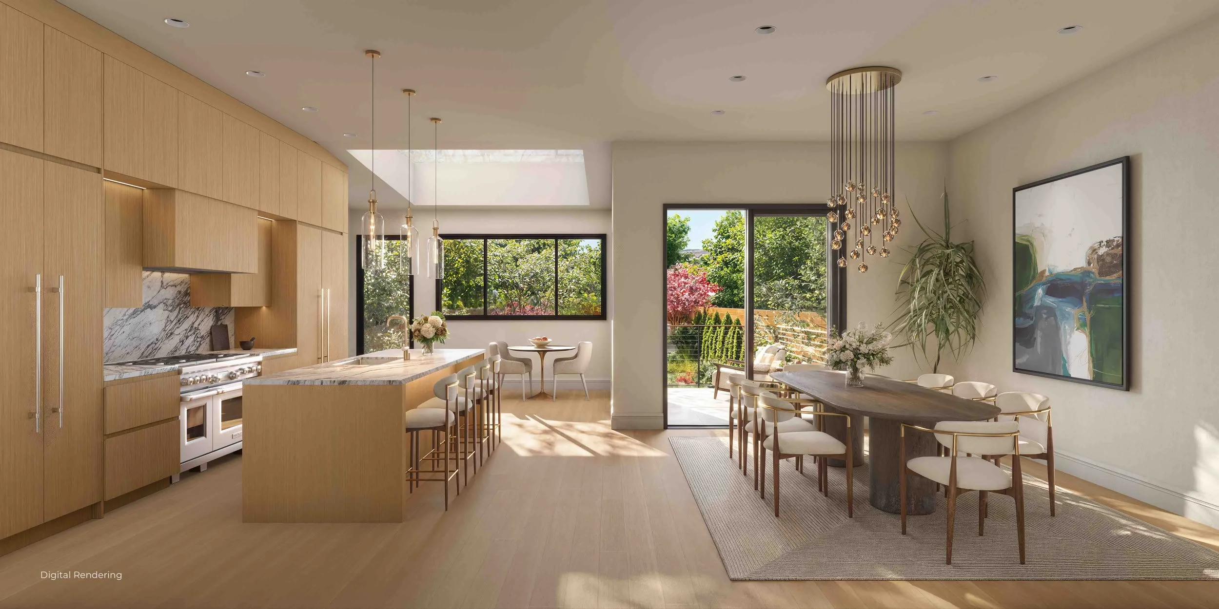 Open-concept kitchen and dining area with large windows showing outdoor greenery, modern wooden cabinetry, marble countertops, and a wooden dining table with chairs.