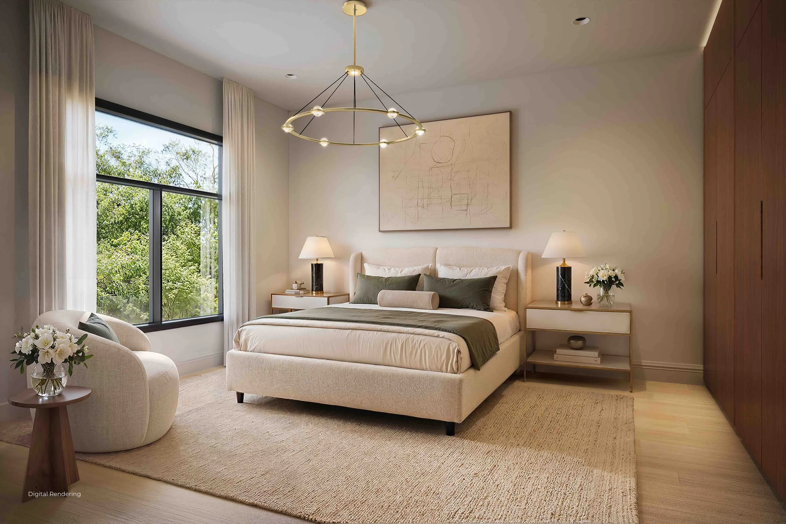 A modern bedroom with a large window, beige sofa, bed with pillows, nightstands with lamps, and a piece of abstract art on the wall.