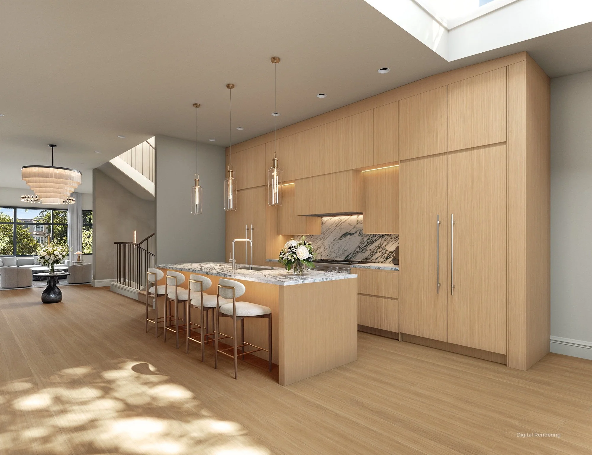 Modern open-concept kitchen with hanging pendant lights, marble island with bar stools, light wood cabinetry, and skylight ceiling, in a bright living space.