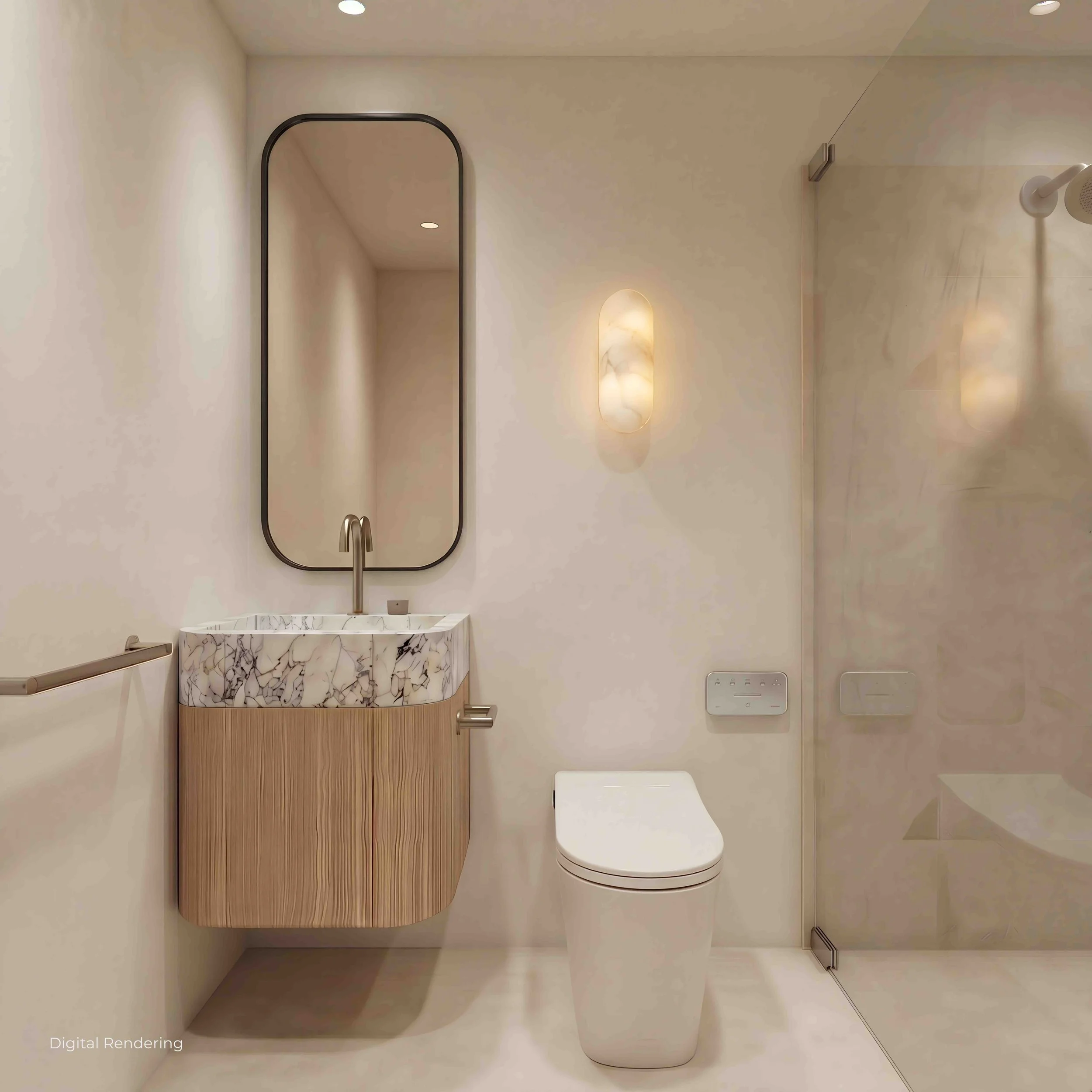 Modern bathroom with a white toilet, a marble sink with a wooden base, a tall mirror with a black frame, a minimalist wall-mounted light, and clean, white walls.
