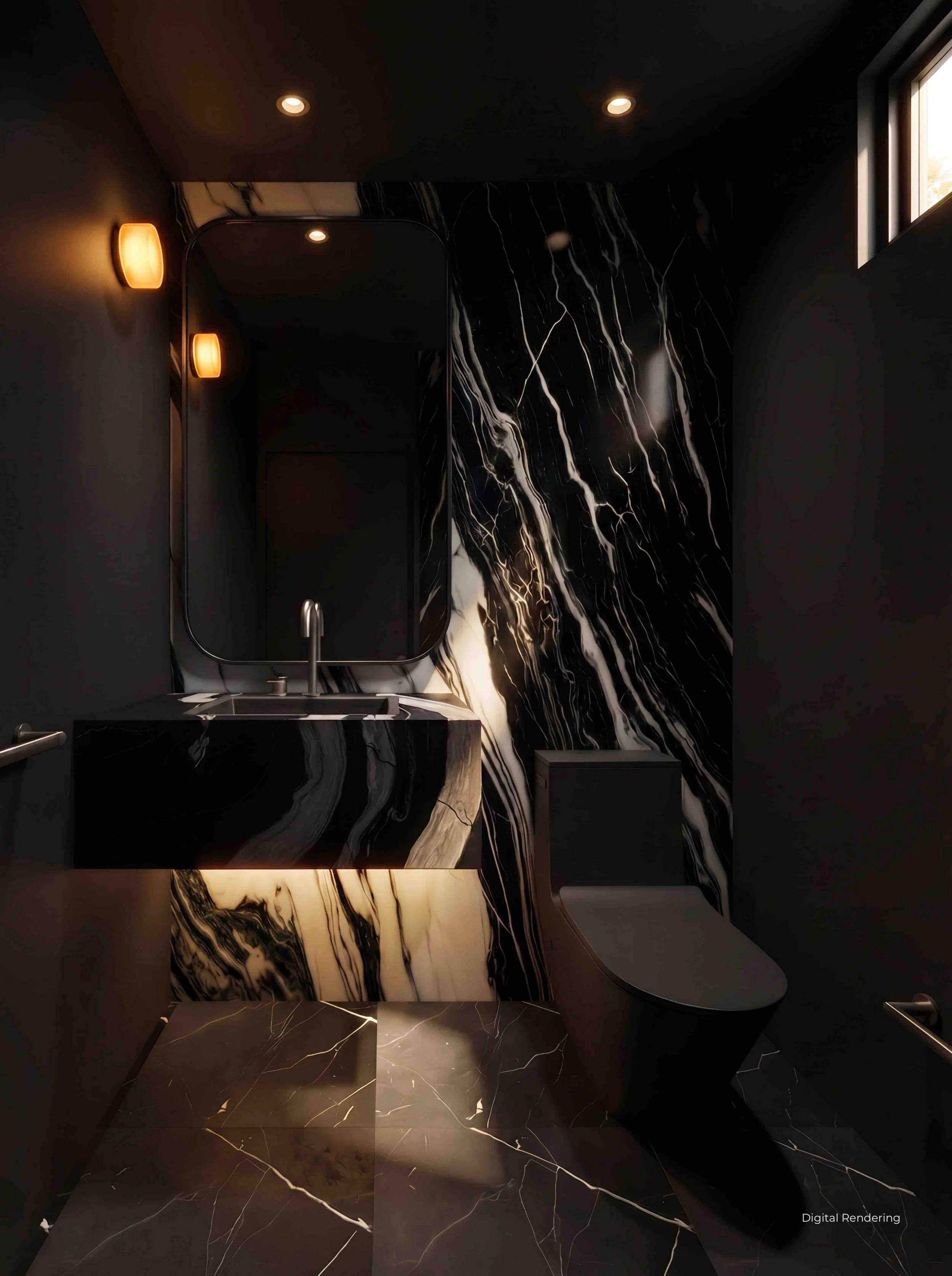 Dark bathroom with black marble walls and floor accented by white veining, a small round black sink with a modern faucet, warm ambient lighting, and a small window allowing natural light.