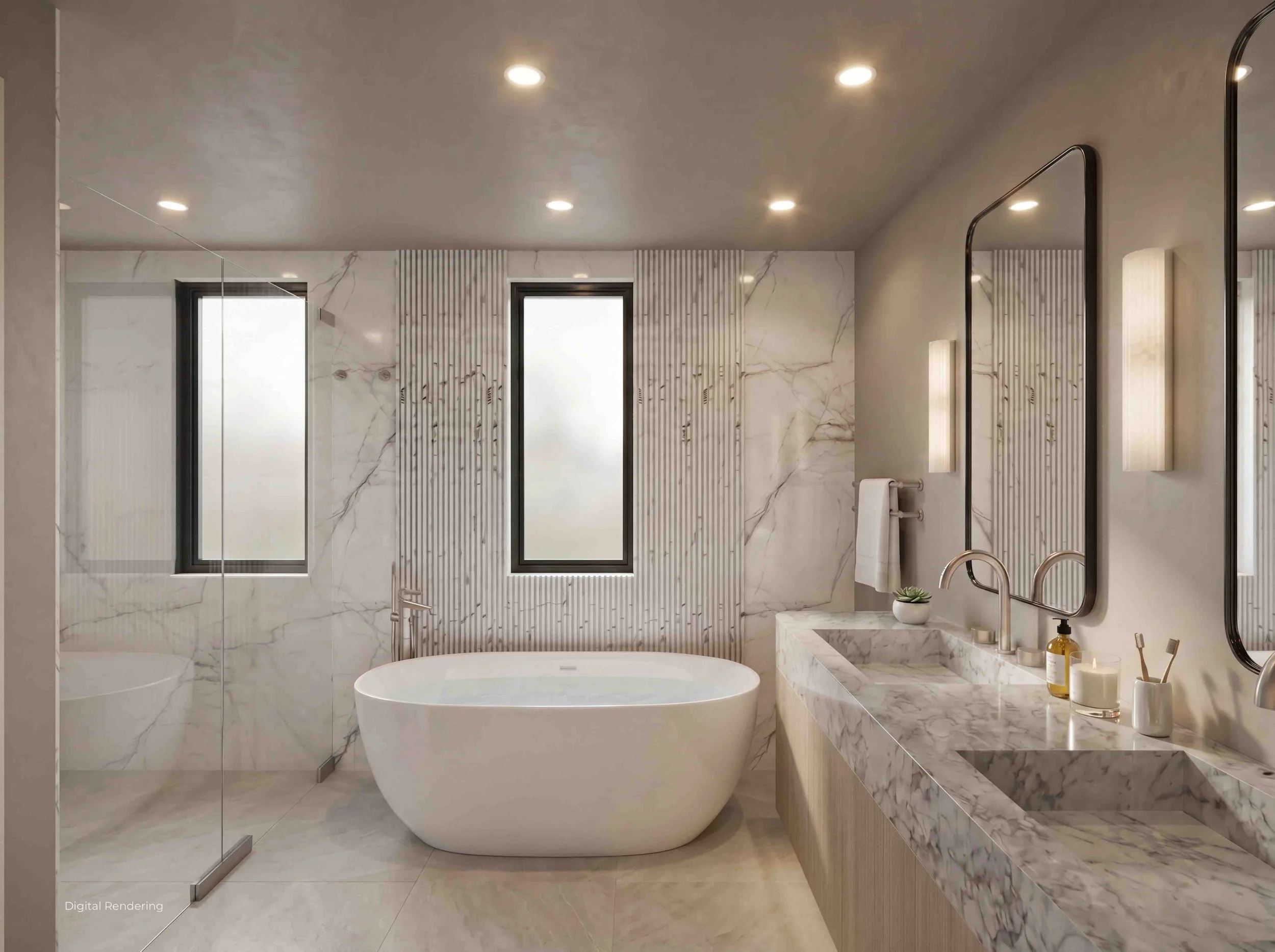 Modern bathroom with a freestanding bathtub, marble walls, windows, and a marble vanity with a round mirror.