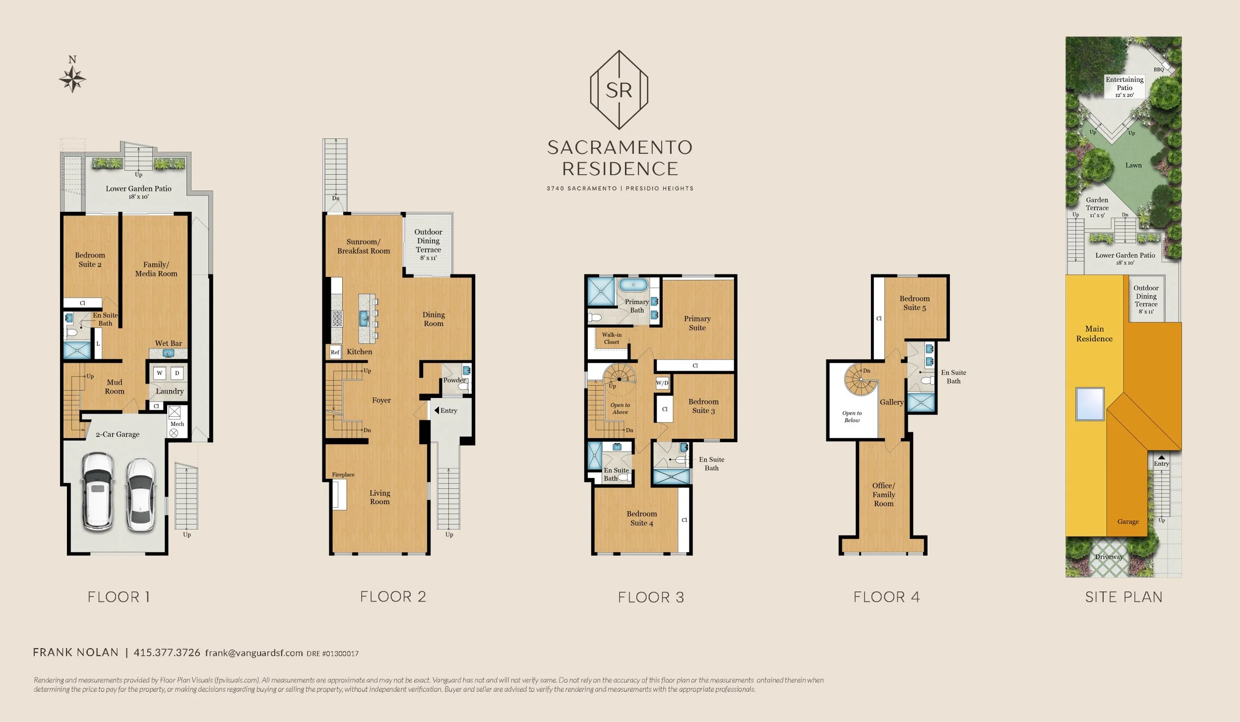 Detailed floor plan of a multi-story residential property with various rooms labeled, outdoor spaces, and site plan views.