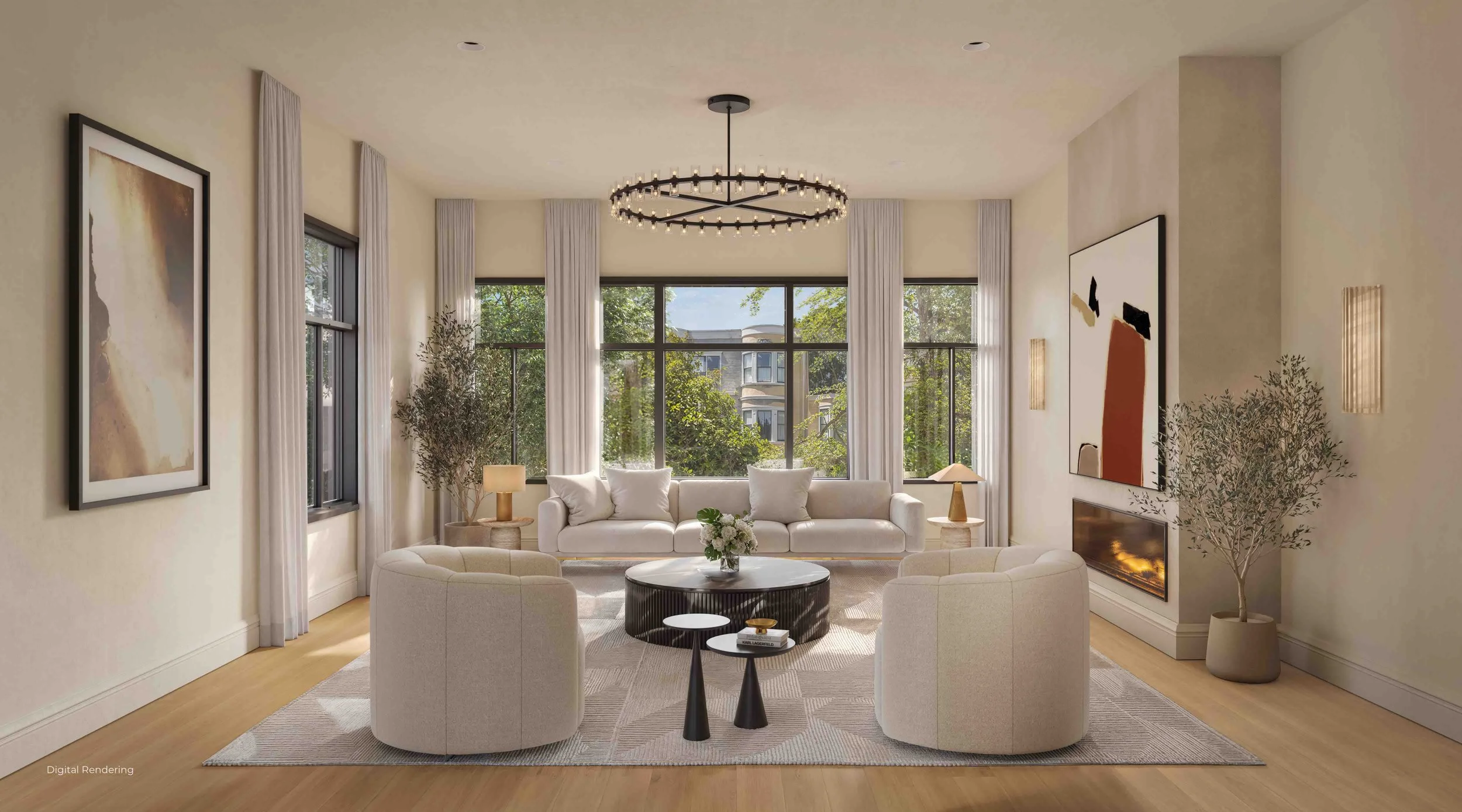 Bright living room with large windows, white sofa, armchairs, abstract wall art, round coffee table with flowers, potted plants, and modern light fixtures.