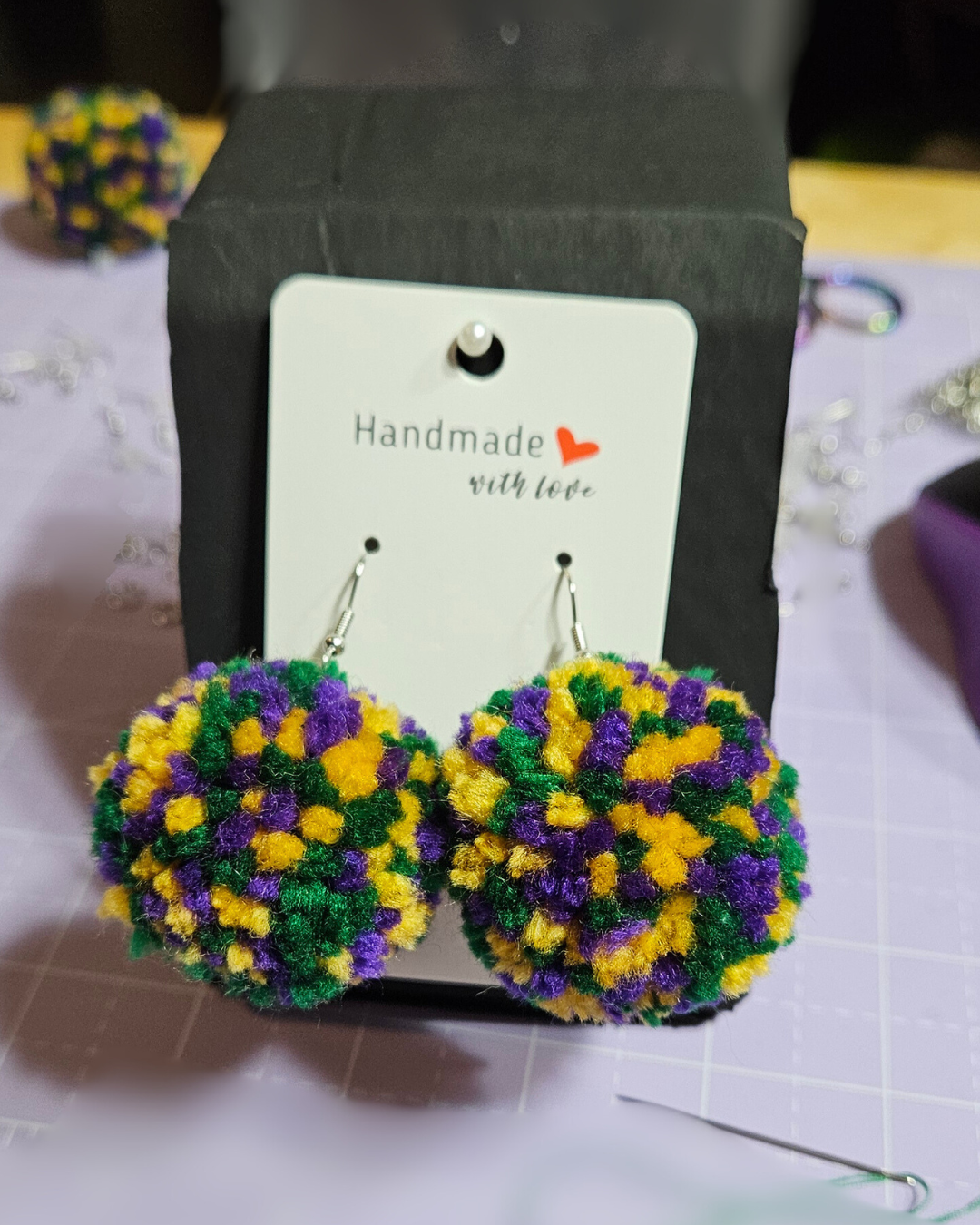 Mardi Gras Pom Pom Earrings (purple, green, & gold)