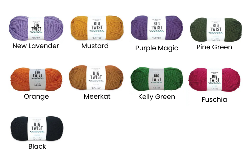 Colorful yarn skeins labeled with colors: New Lavender, Mustard, Purple Magic, Pine Green, Orange, Meerkat, Kelly Green, Fuschia, Black.